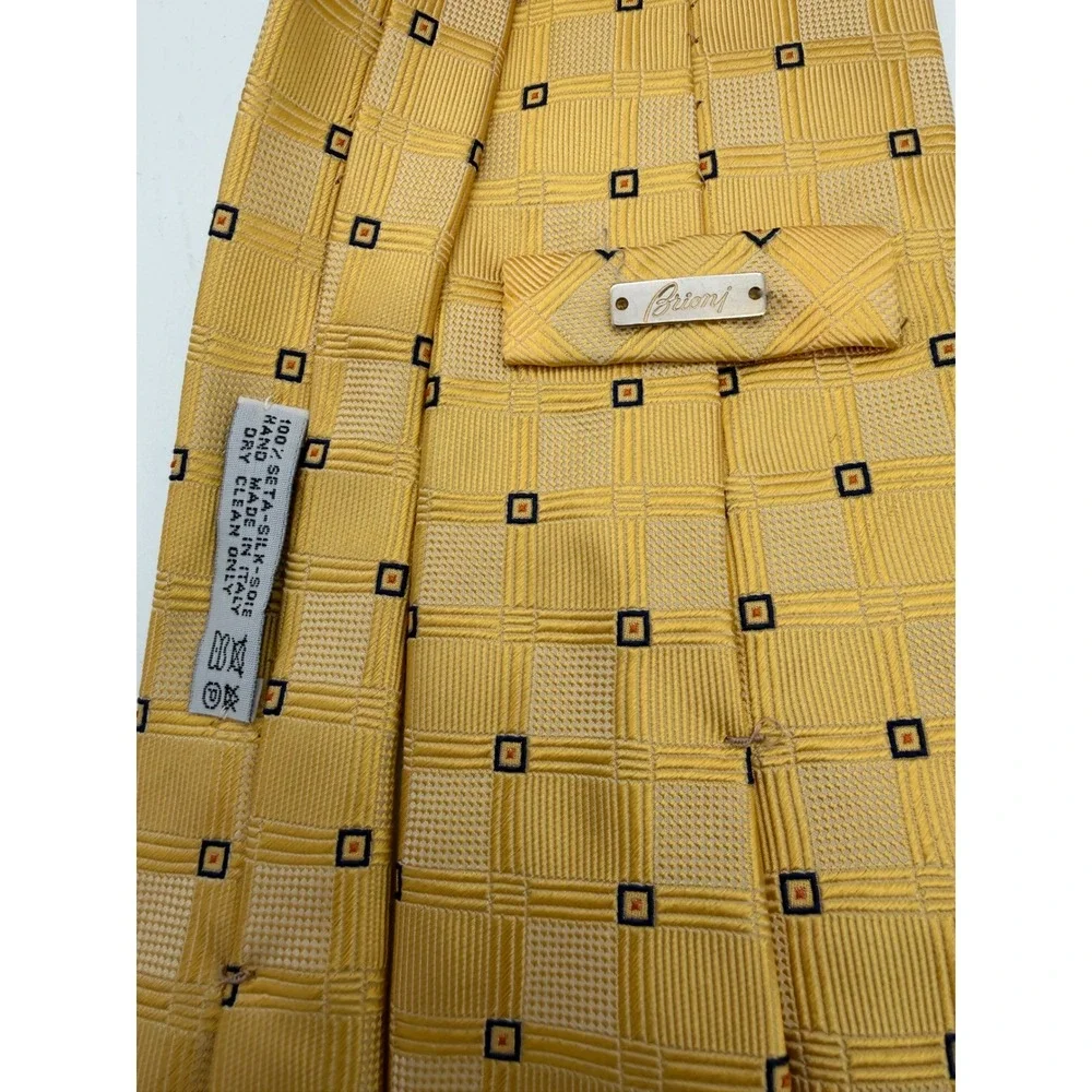 Brioni Santostefano Yellow Geometric Silk Tie HandMade Italy Checkered Navy TD17